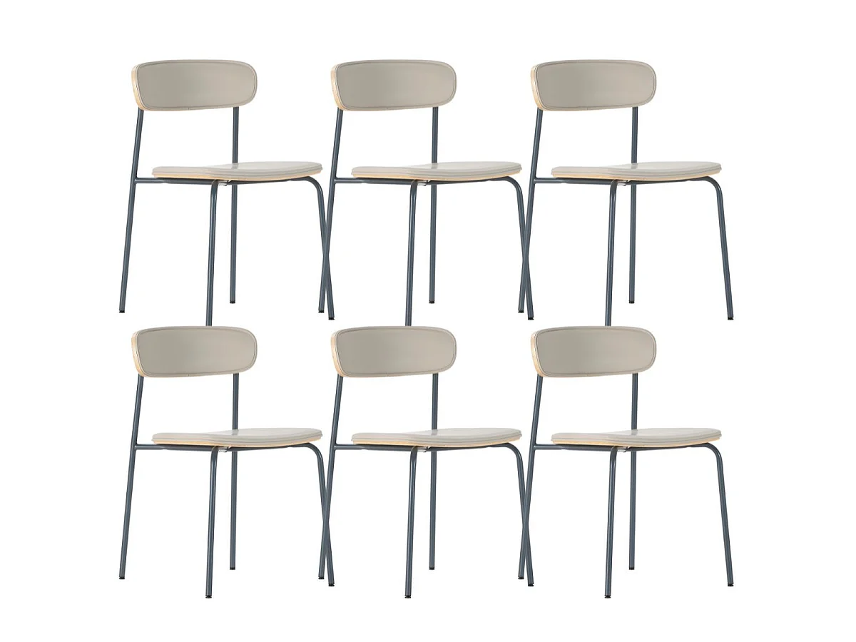 Lot de 6 chaises structure métal bleu foncé assise et dossier bois et PU beige - LAURA