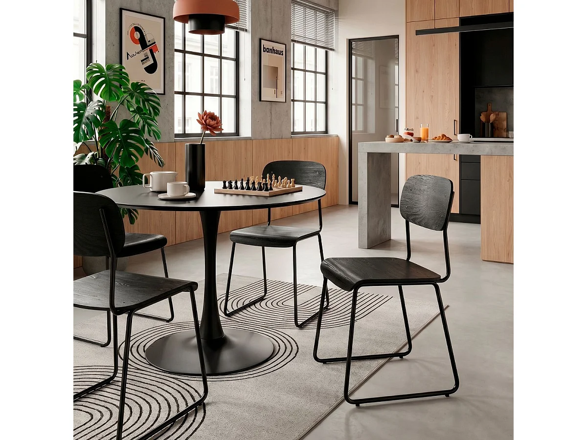 Lot de 4 chaises assise et dossier bois noir pieds luge métal noir - SCOLA