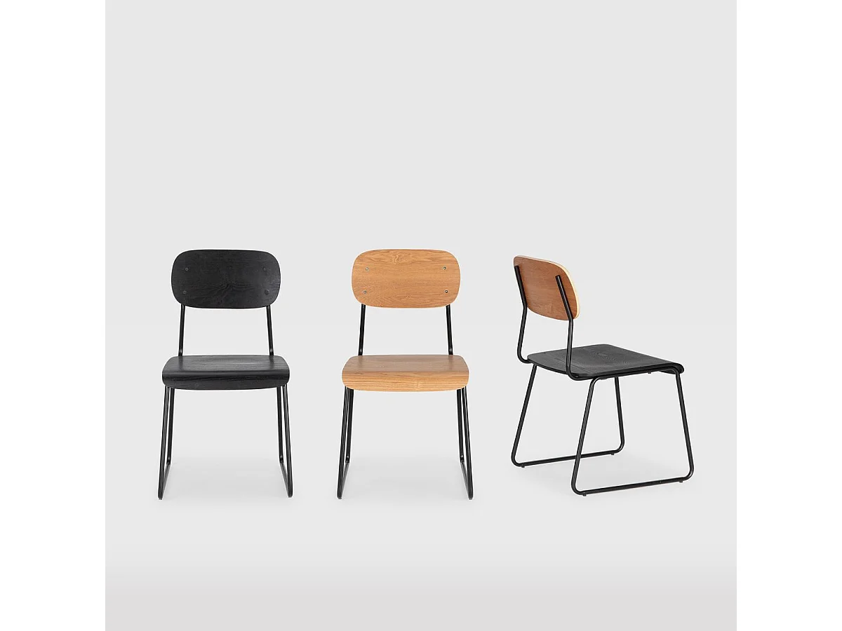Lot de 4 chaises assise et dossier bois noir pieds luge métal noir - SCOLA