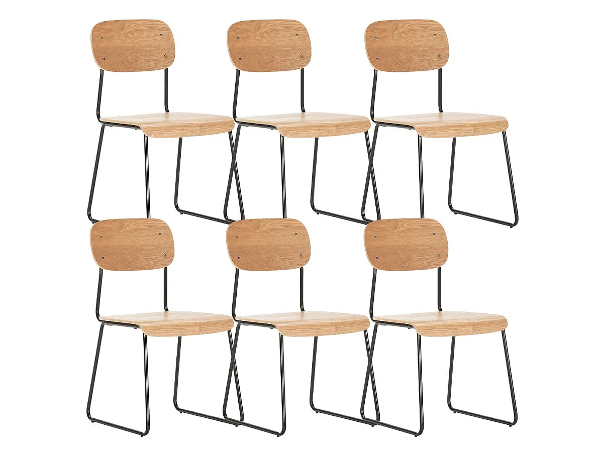 Lot de 6 chaises assise et dossier bois naturel pieds luge métal noir - SCOLA