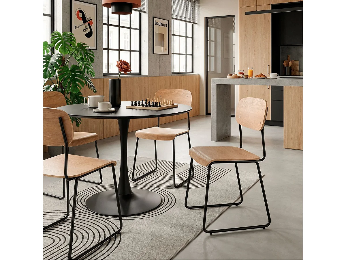 Lot de 6 chaises assise et dossier bois naturel pieds luge métal noir - SCOLA