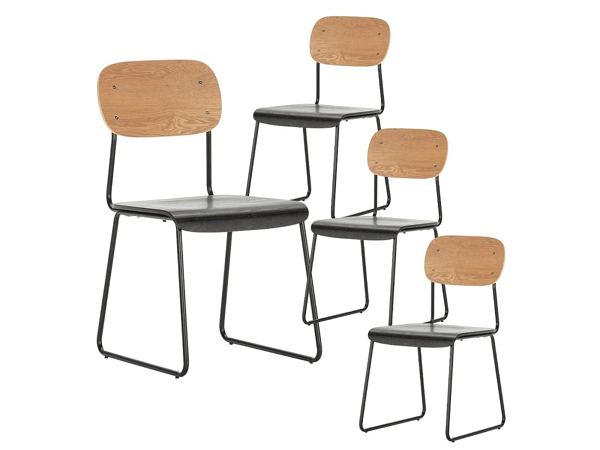 Lot de 4 chaises assise bois noir et dossier bois naturel pieds luge métal noir - SCOLA