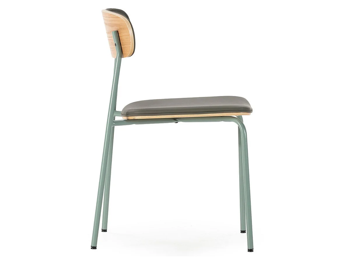 Lot de 4 chaises structure métal gris bleuté assise et dossier bois et PU vert - LAURA