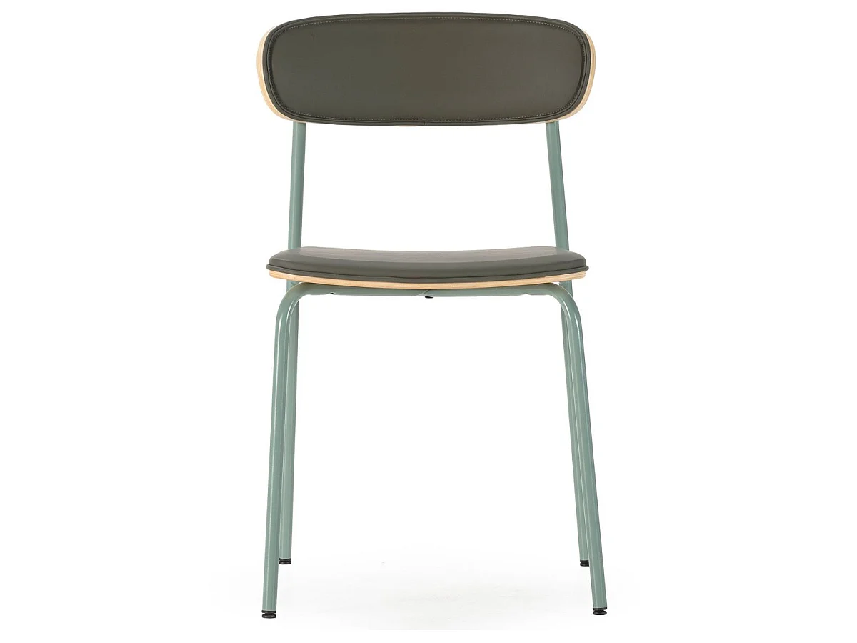 Lot de 4 chaises structure métal gris bleuté assise et dossier bois et PU vert - LAURA