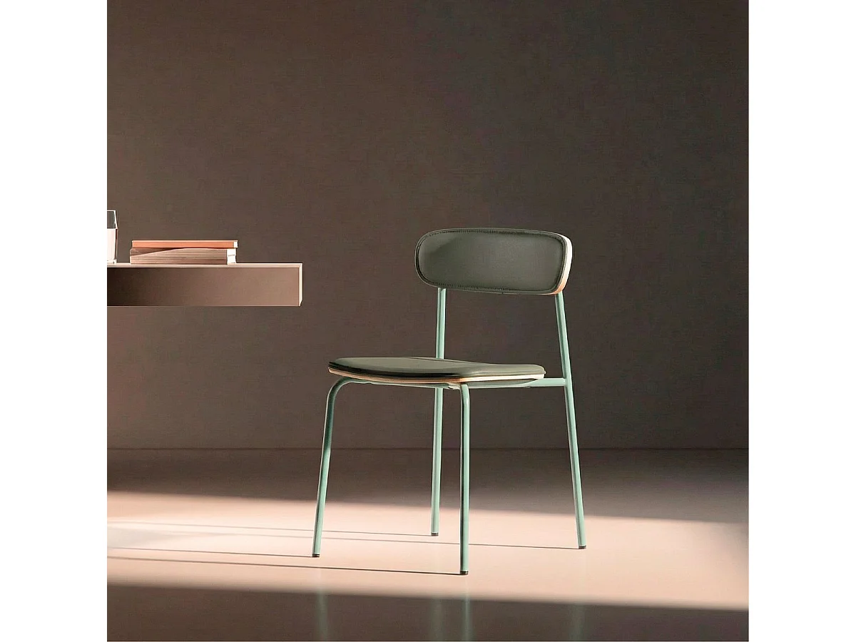 Lot de 4 chaises structure métal gris bleuté assise et dossier bois et PU vert - LAURA