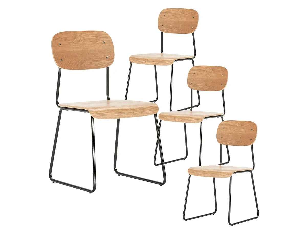 Lot de 4 chaises assise et dossier bois naturel pieds luge métal noir - SCOLA