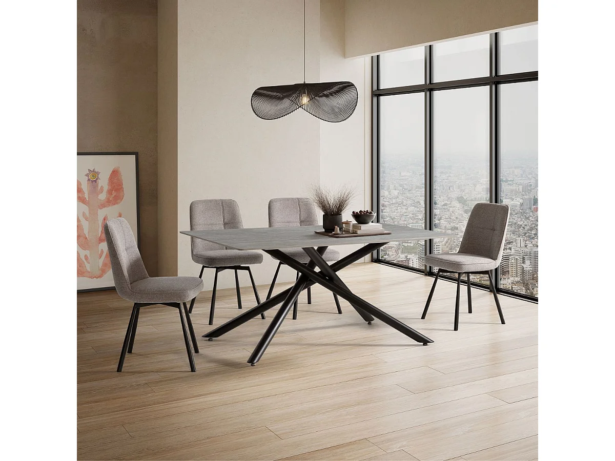 Lot de 6 chaises pivotantes tissu maillé gris surpiqûres décalées et pieds en métal noir - MICHAL