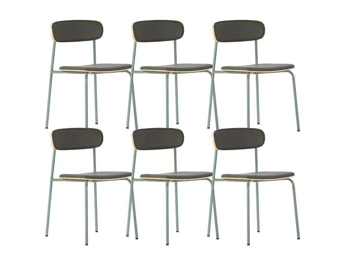 Lot de 6 chaises structure métal gris bleuté assise et dossier bois et PU vert - LAURA