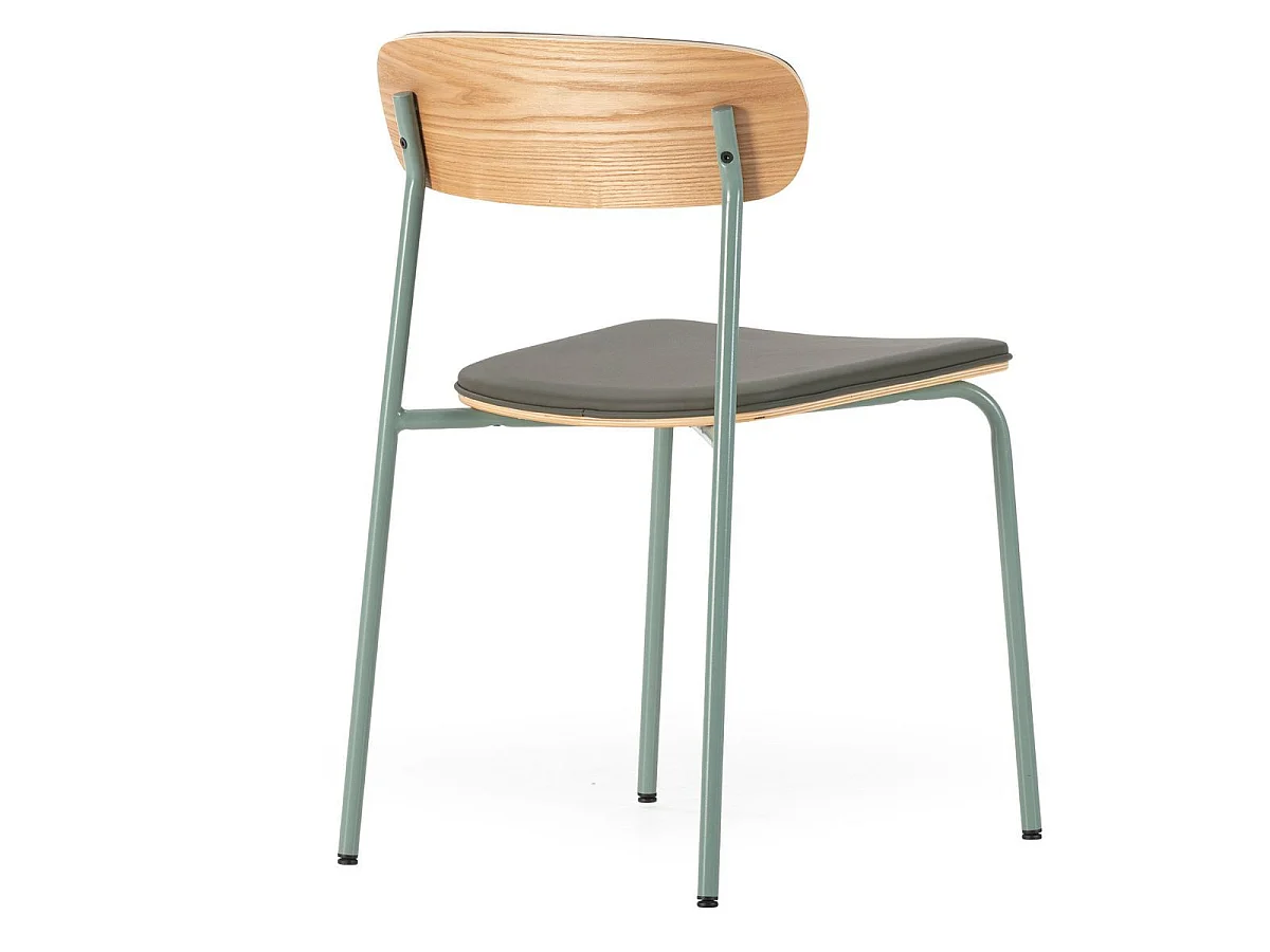 Lot de 6 chaises structure métal gris bleuté assise et dossier bois et PU vert - LAURA