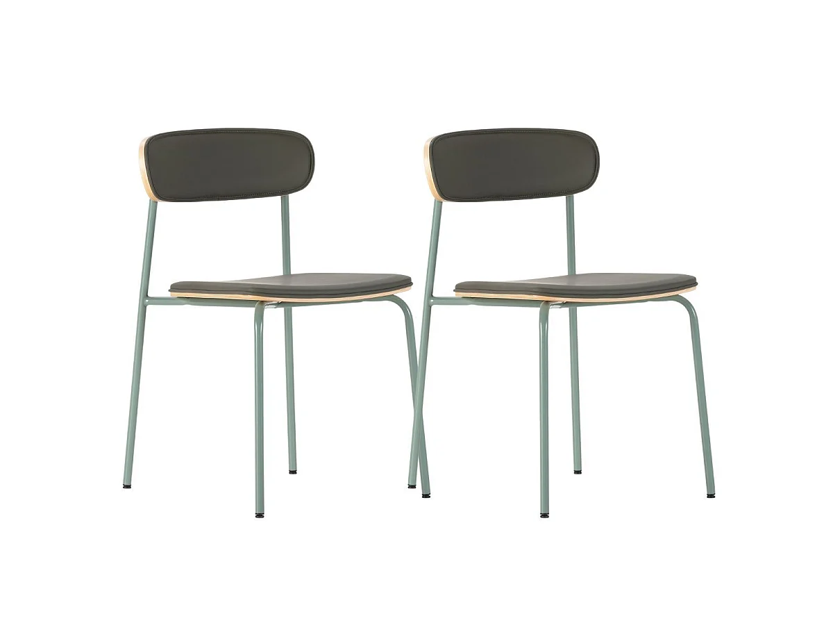Lot de 2 chaises structure métal gris bleuté assise et dossier bois et PU vert - LAURA