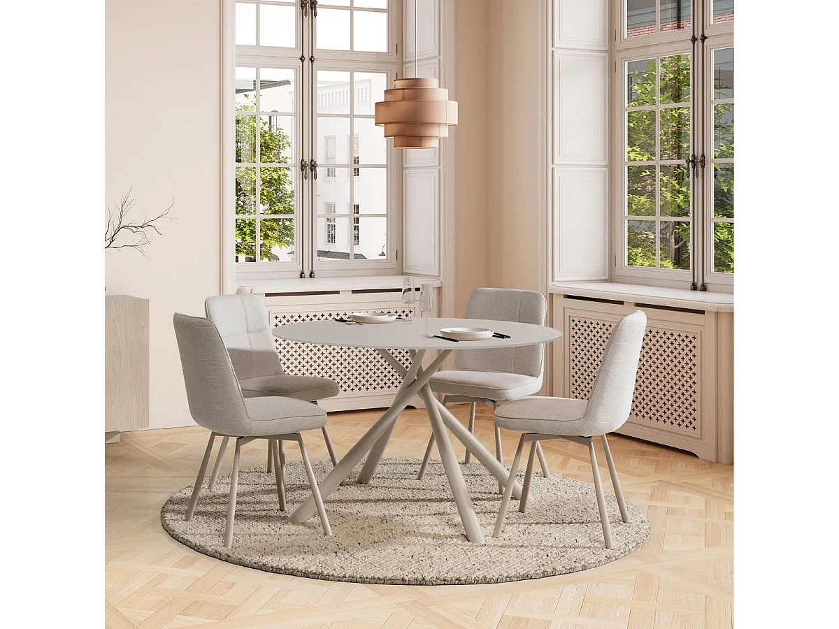 Lot de 4 chaises pivotantes tissu maillé beige surpiqûres décalées et pieds en métal crème - MICHAL