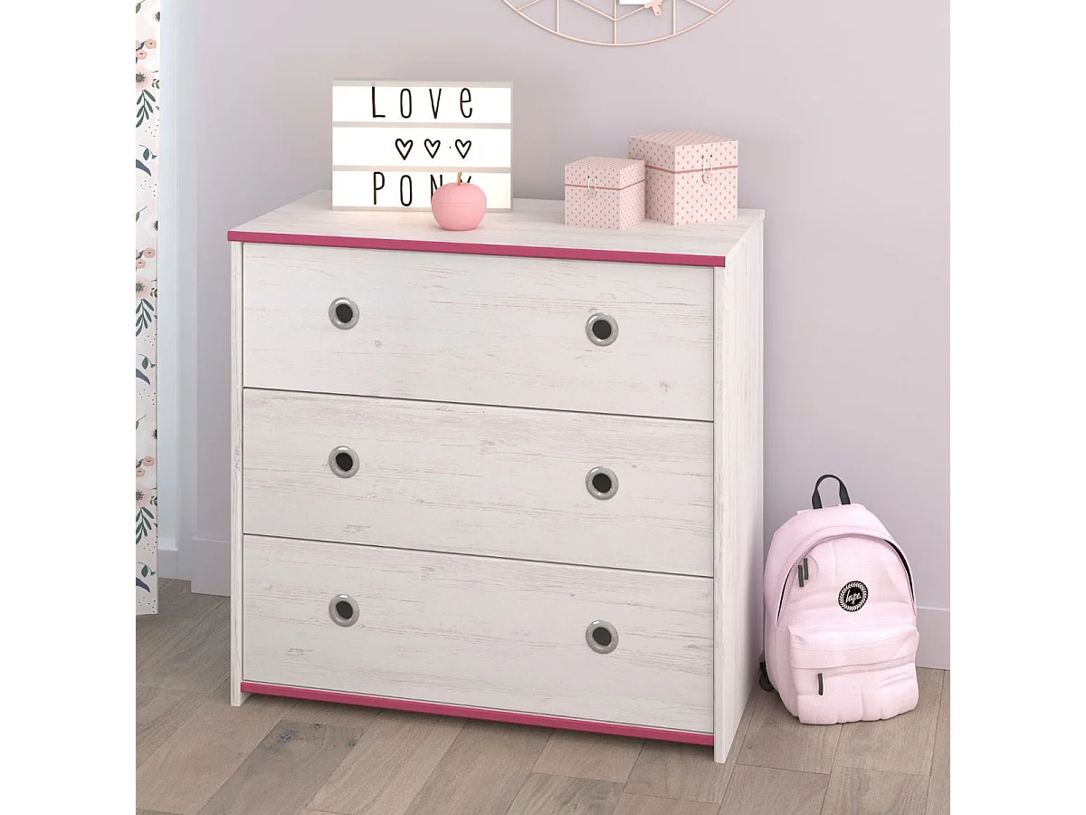Commode 3 tiroirs aspect bois blanchi avec chants roses en façade - MISYLIA