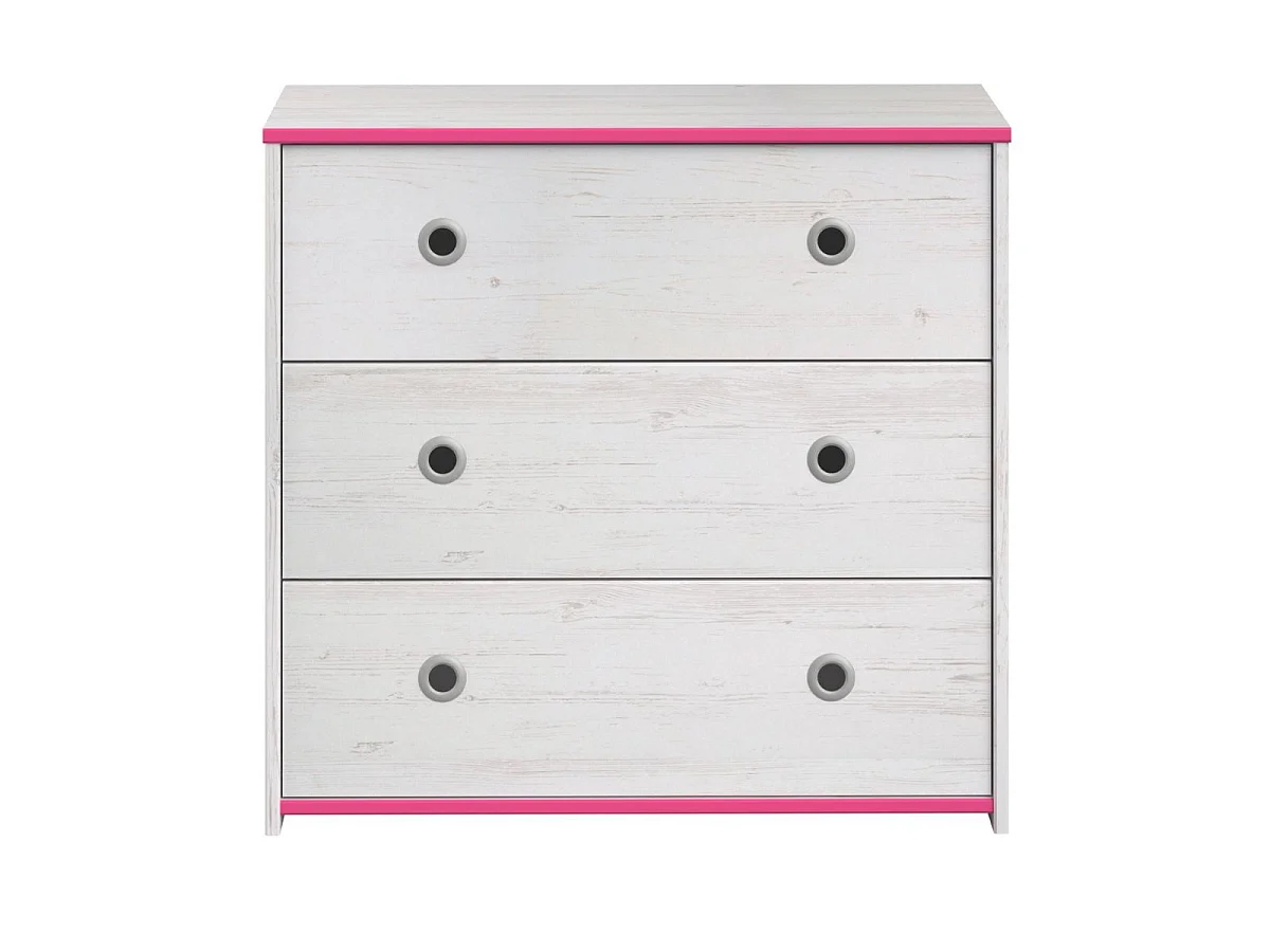 Commode 3 tiroirs aspect bois blanchi avec chants roses en façade - MISYLIA