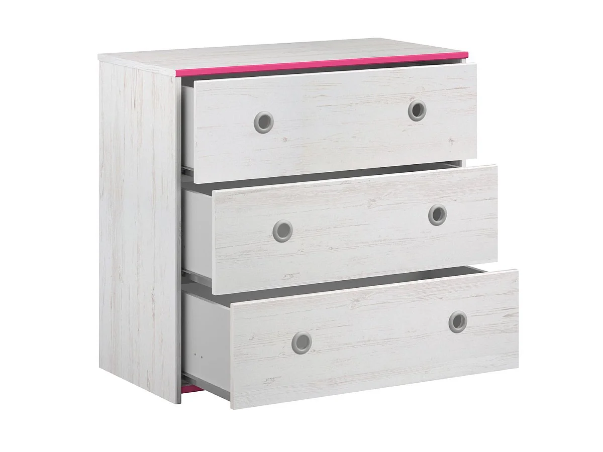 Commode 3 tiroirs aspect bois blanchi avec chants roses en façade - MISYLIA
