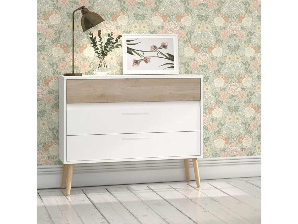 Commode 3 tiroirs blanche avec façade supérieure finition aspect bois - BORGALL