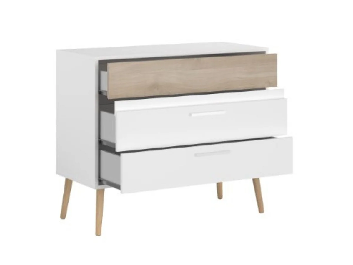 Commode 3 tiroirs blanche avec façade supérieure finition aspect bois - BORGALL
