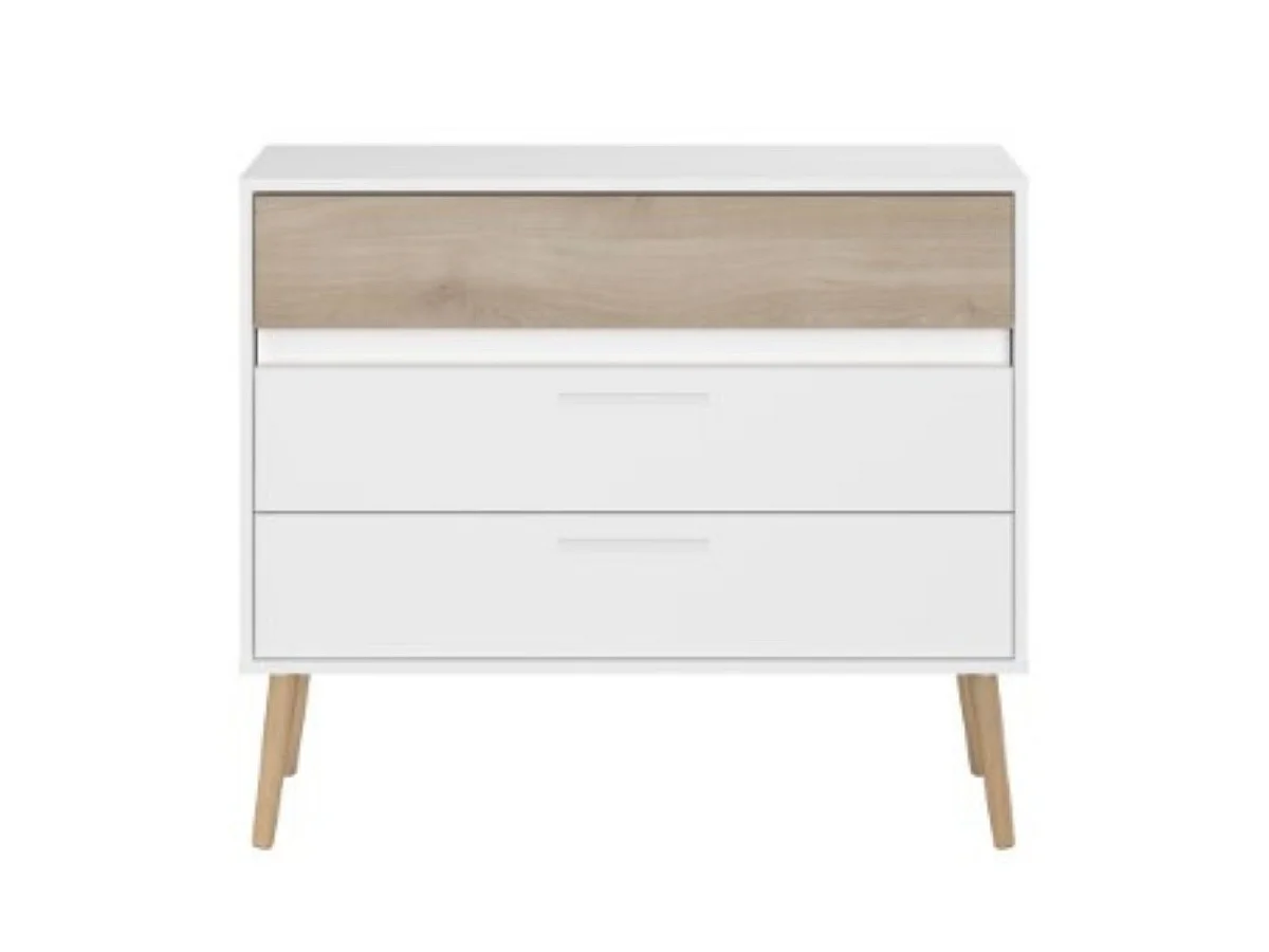 Commode 3 tiroirs blanche avec façade supérieure finition aspect bois - BORGALL