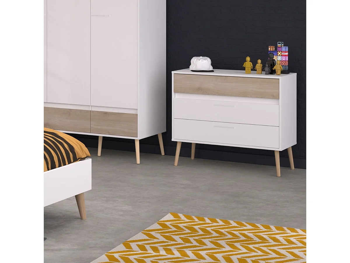 Commode 3 tiroirs blanche avec façade supérieure finition aspect bois - BORGALL