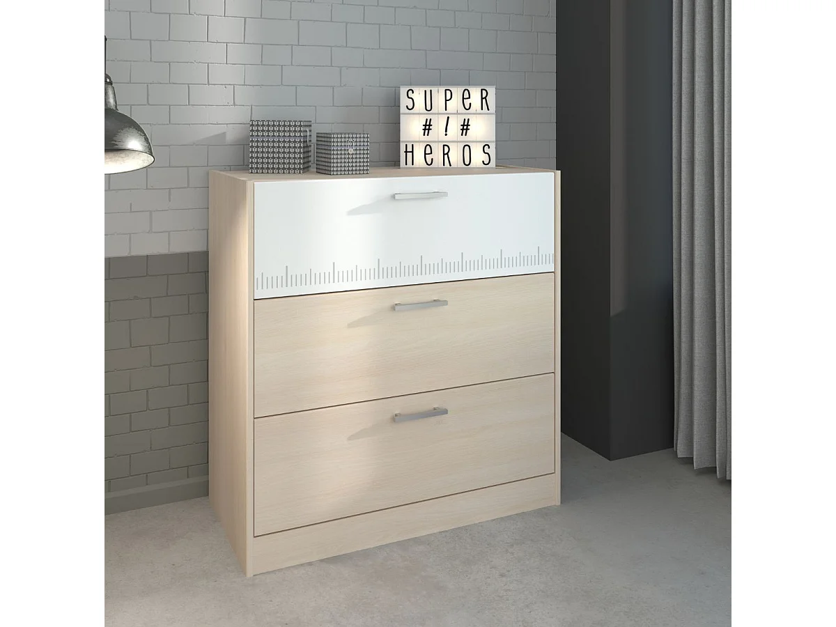Commode 3 tiroirs aspect bois façade supérieure blanche sérigraphiée - CHARLINE
