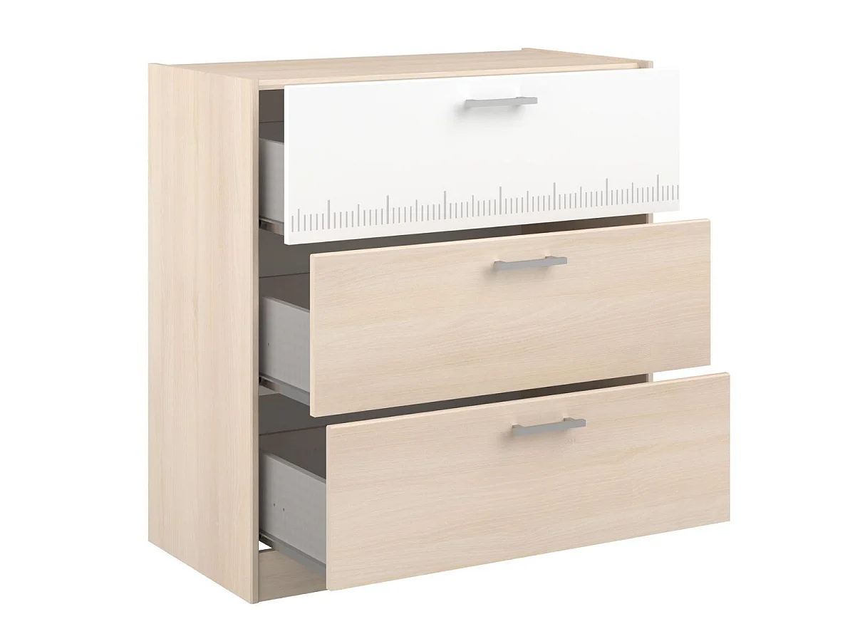 Commode 3 tiroirs aspect bois façade supérieure blanche sérigraphiée - CHARLINE