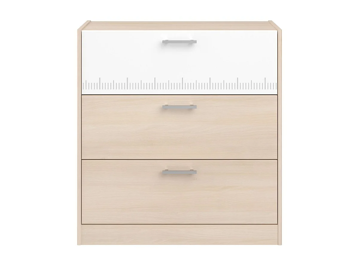 Commode 3 tiroirs aspect bois façade supérieure blanche sérigraphiée - CHARLINE