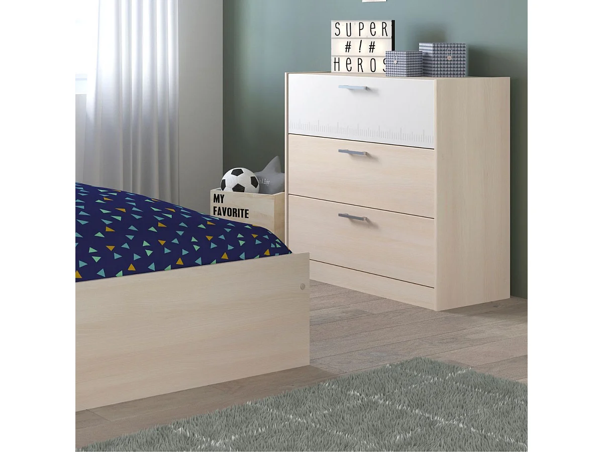 Commode 3 tiroirs aspect bois façade supérieure blanche sérigraphiée - CHARLINE