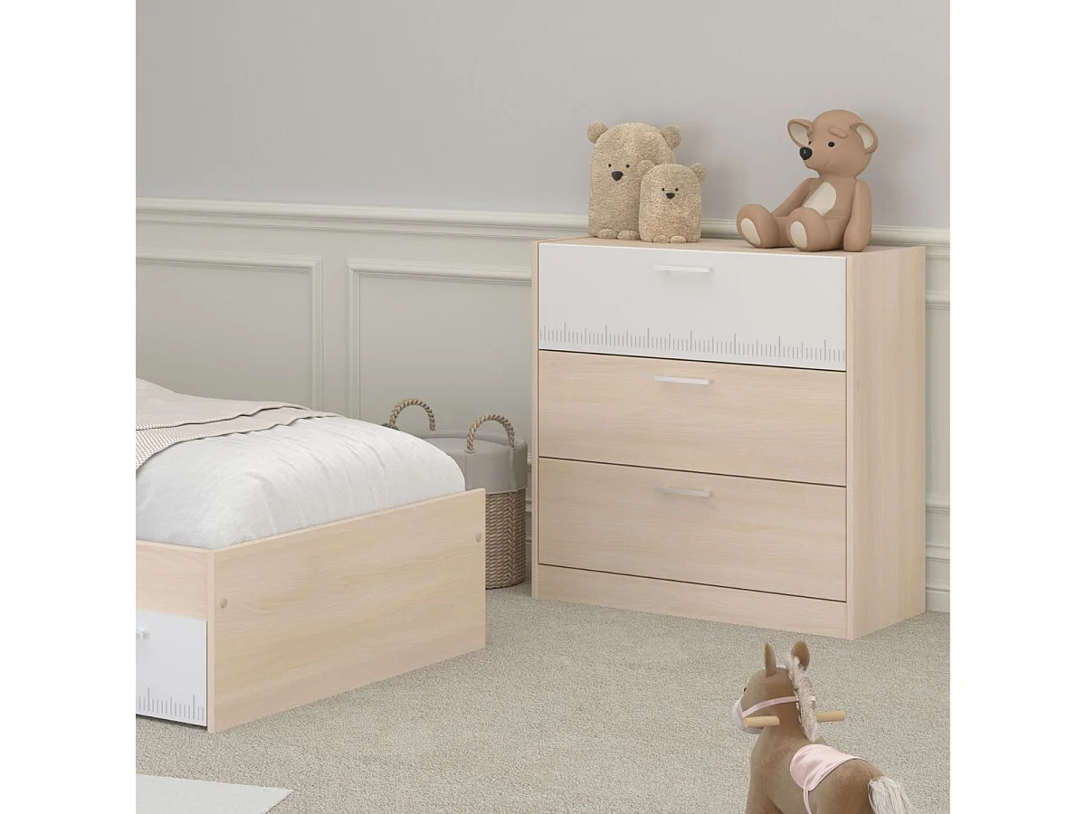 Commode 3 tiroirs aspect bois façade supérieure blanche sérigraphiée - CHARLINE