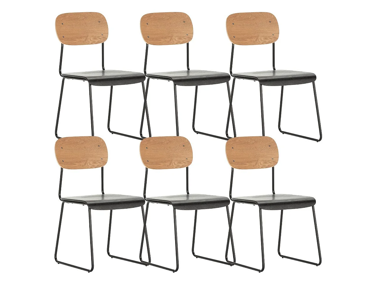 Lot de 6 chaises assise bois noir et dossier bois naturel pieds luge métal noir - SCOLA