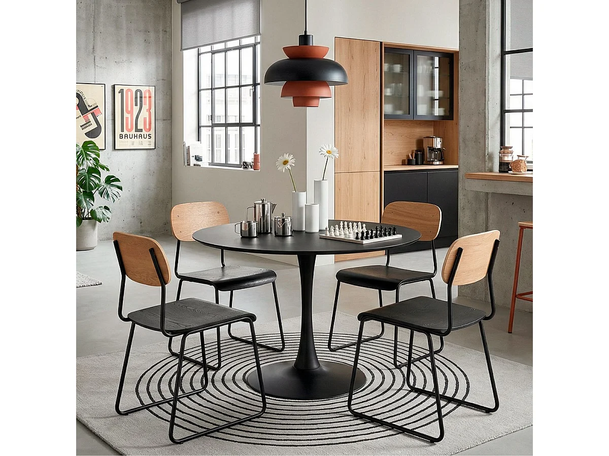 Lot de 6 chaises assise bois noir et dossier bois naturel pieds luge métal noir - SCOLA