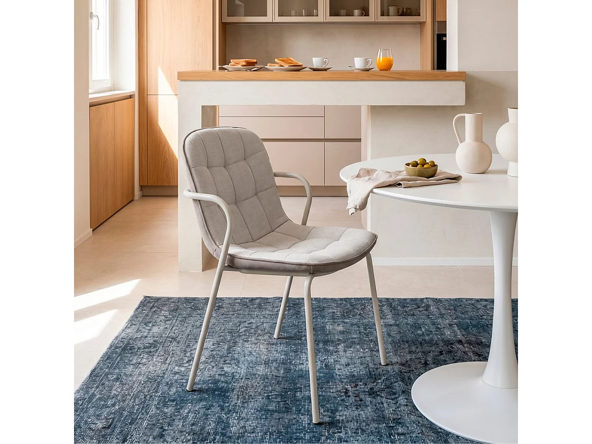 Lot de 2 chaises en tissu chiné beige 2 tons et métal crème - GIANA