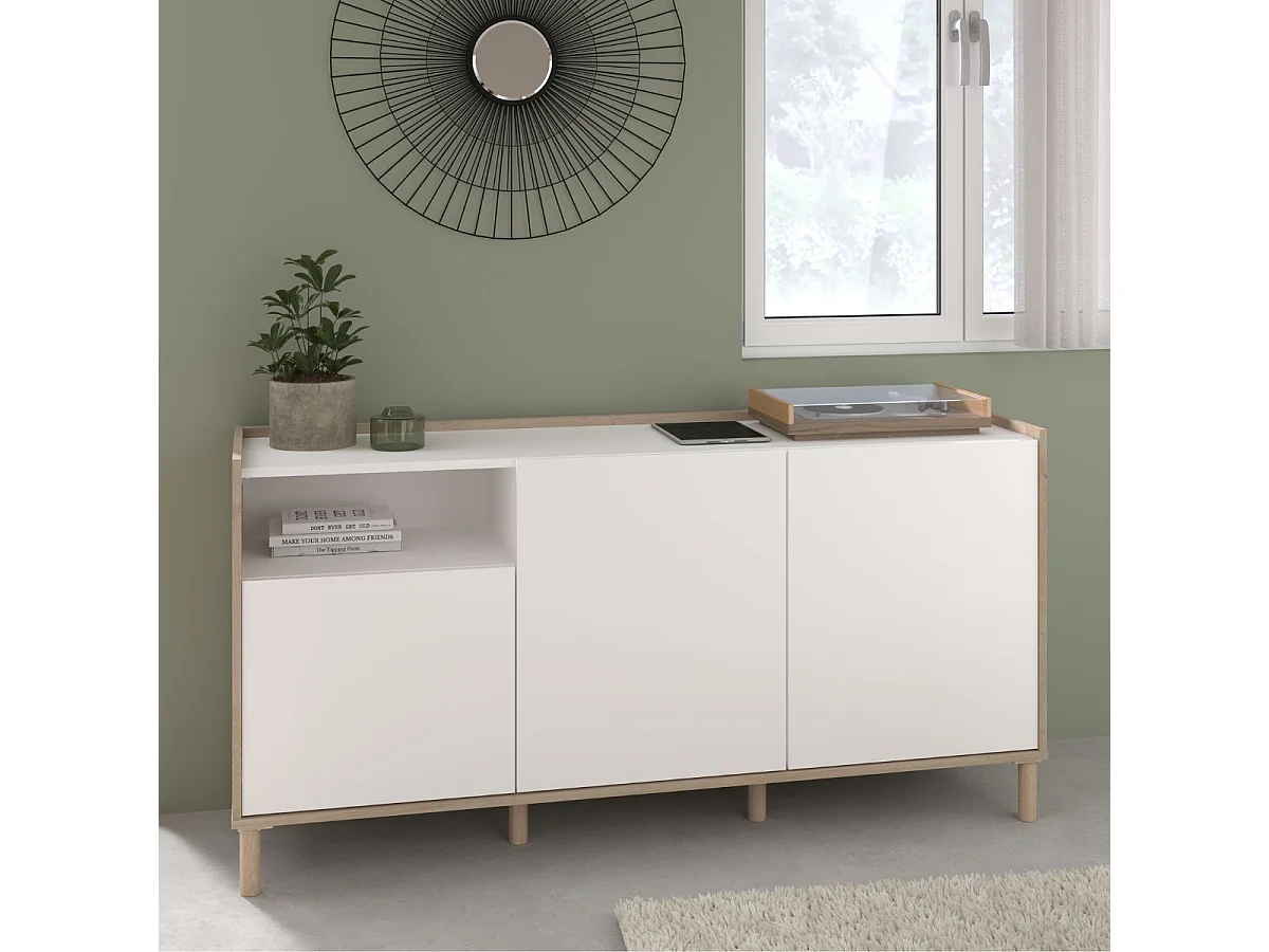Buffet 3 portes 1 niches blanc et aspect bois clair - ORPHÉE