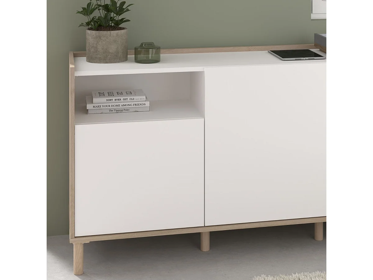 Buffet 3 portes 1 niches blanc et aspect bois clair - ORPHÉE