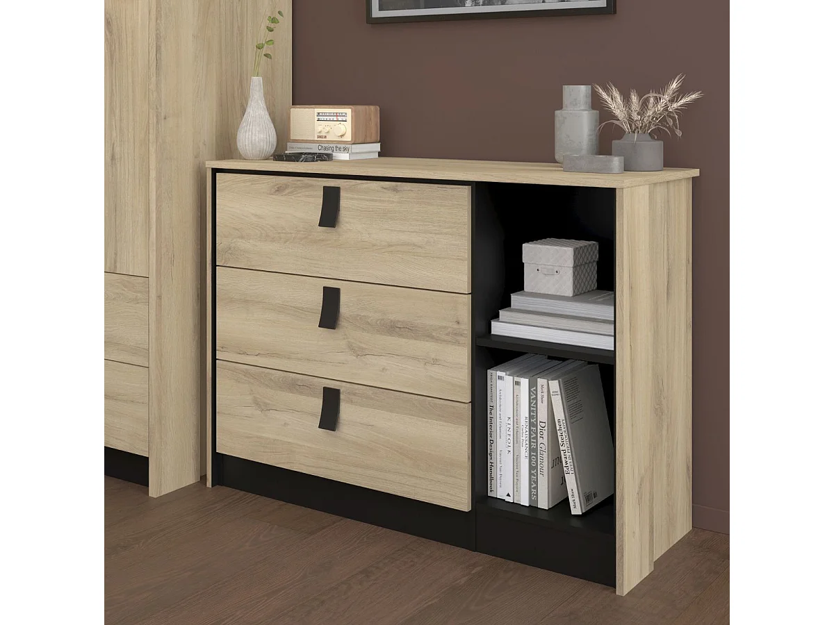 Commode 3 tiroirs 2 niches aspect bois et noir - ELOUAN