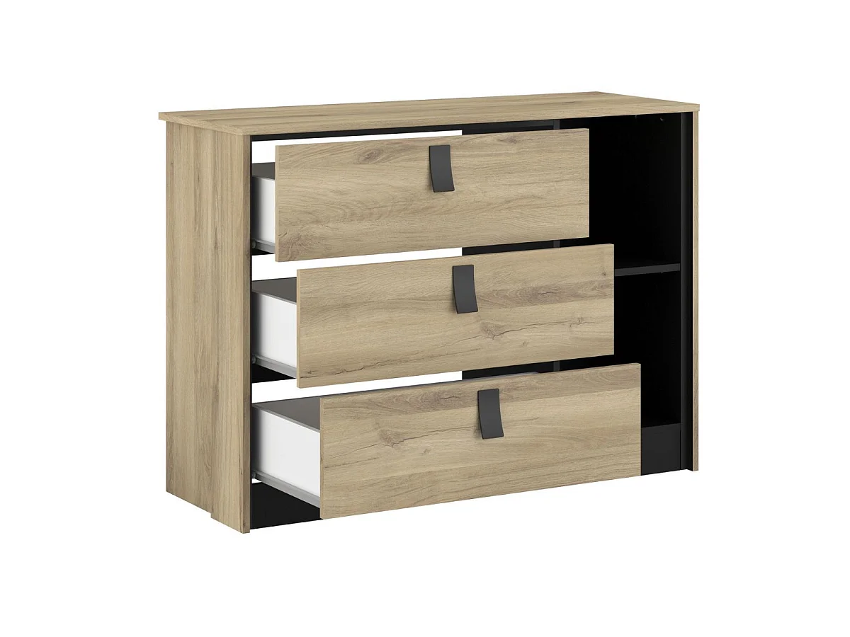 Commode 3 tiroirs 2 niches aspect bois et noir - ELOUAN