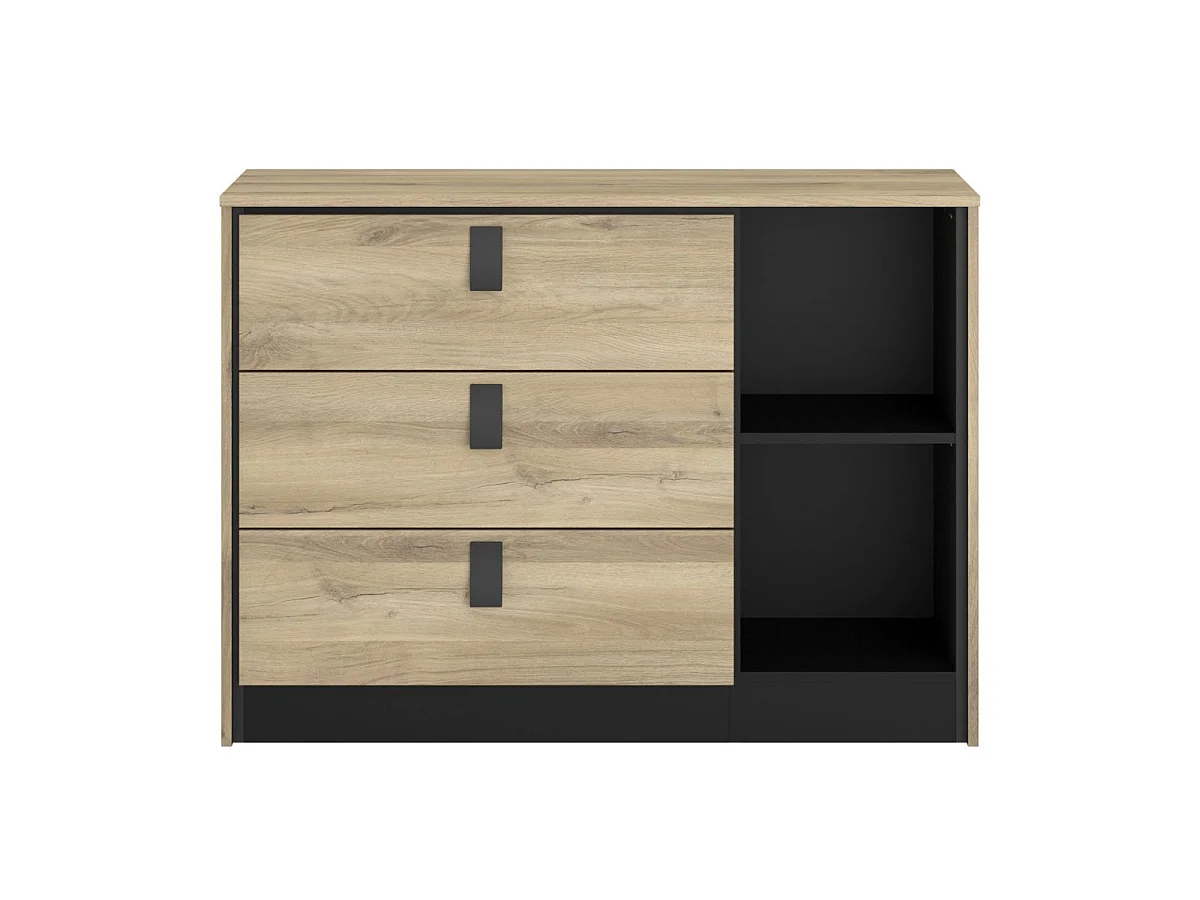 Commode 3 tiroirs 2 niches aspect bois et noir - ELOUAN