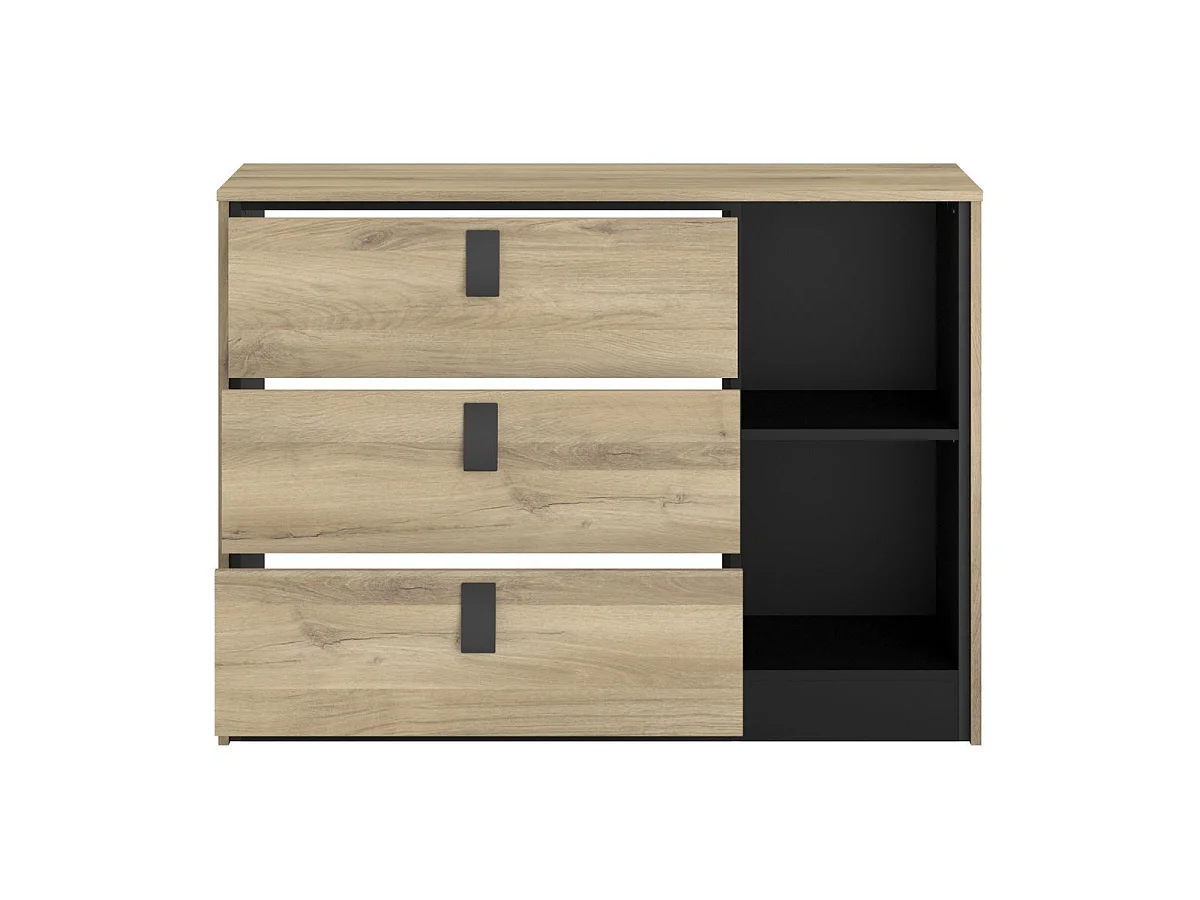 Commode 3 tiroirs 2 niches aspect bois et noir - ELOUAN