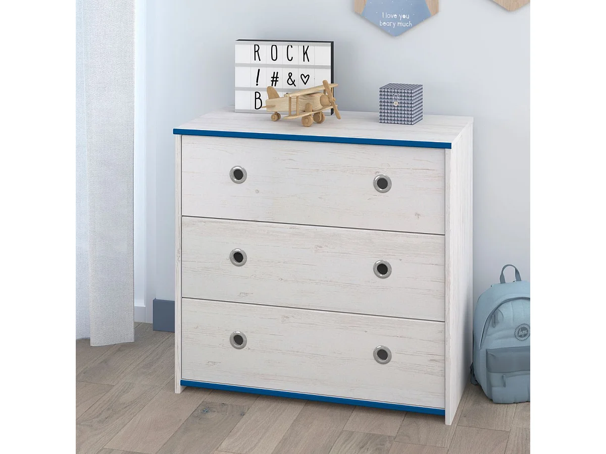 Commode 3 tiroirs aspect bois blanchi avec chants bleus en façade - MISYLIA
