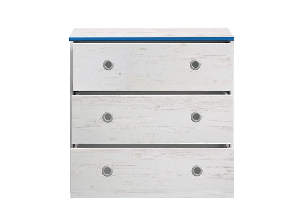 Commode 3 tiroirs aspect bois blanchi avec chants bleus en façade - MISYLIA