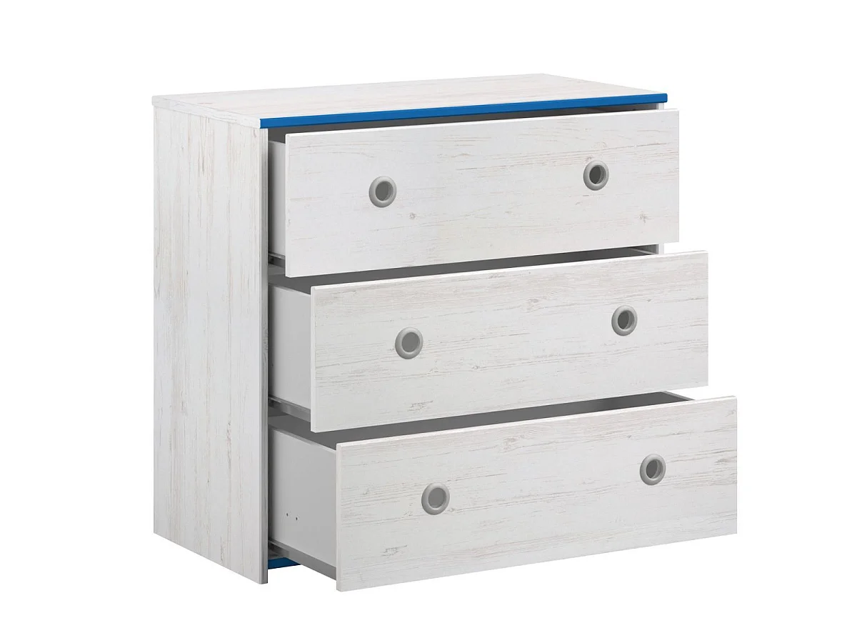 Commode 3 tiroirs aspect bois blanchi avec chants bleus en façade - MISYLIA