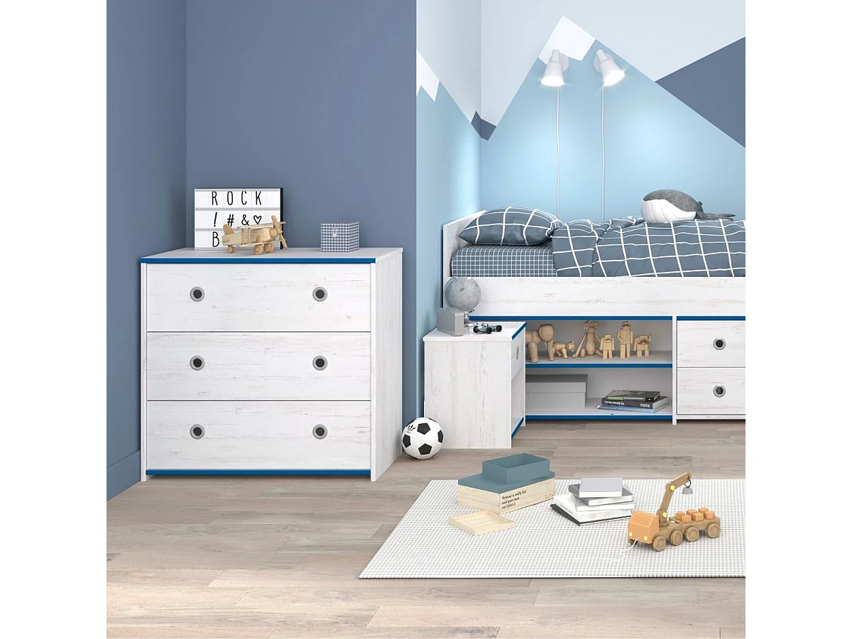 Commode 3 tiroirs aspect bois blanchi avec chants bleus en façade - MISYLIA