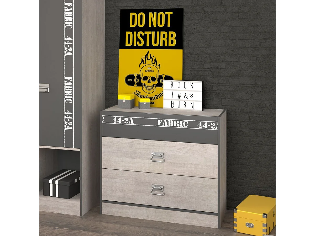 Commode 3 tiroirs aspect bois grisé et 1 façade anthracite sérigraphiée - ZIGGY