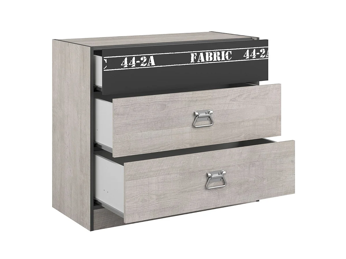 Commode 3 tiroirs aspect bois grisé et 1 façade anthracite sérigraphiée - ZIGGY