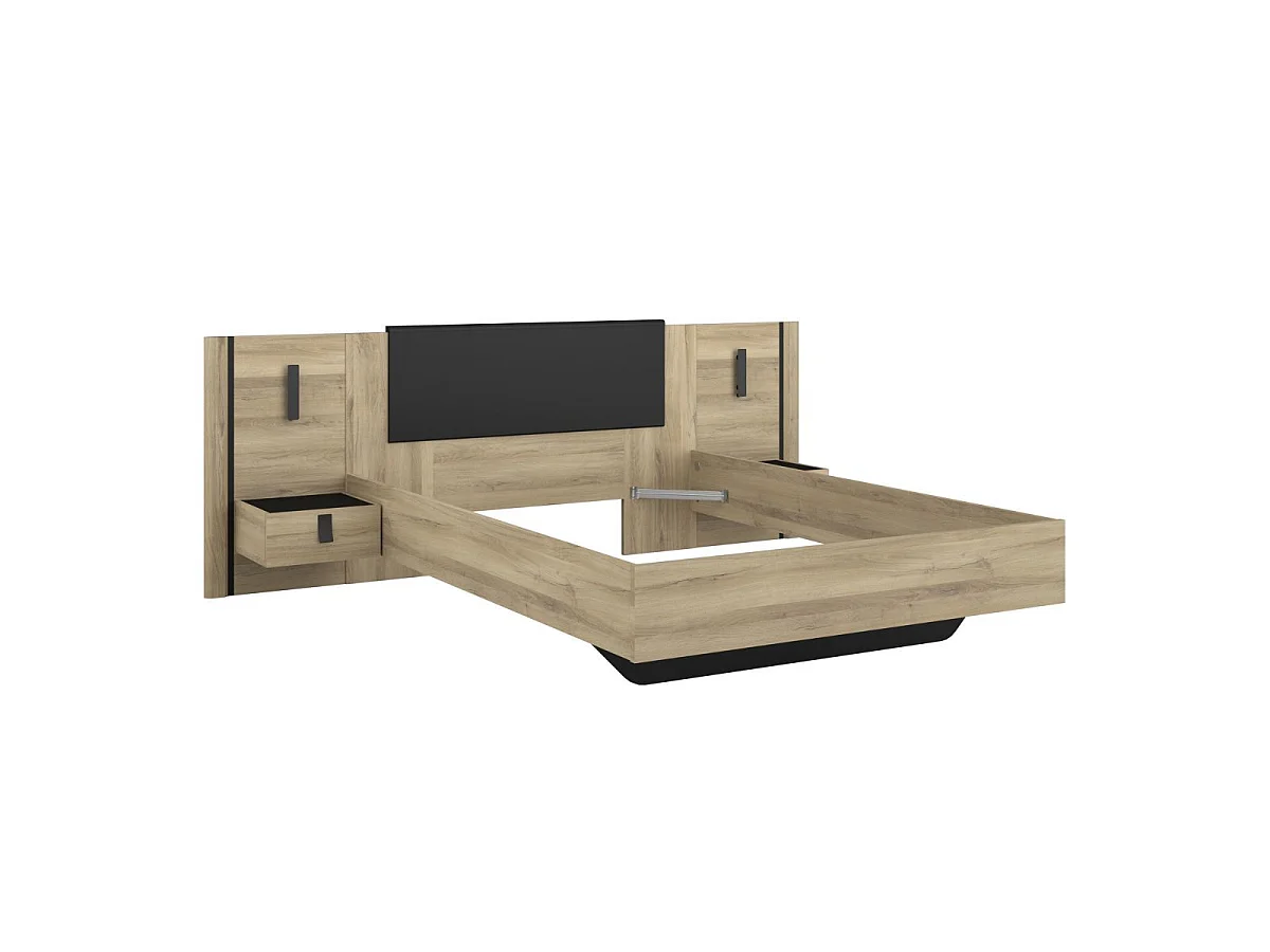 Lit 140x190 + 2 chevets suspendus sur panneaux avec éclairage aspect bois et noir - ELOUAN
