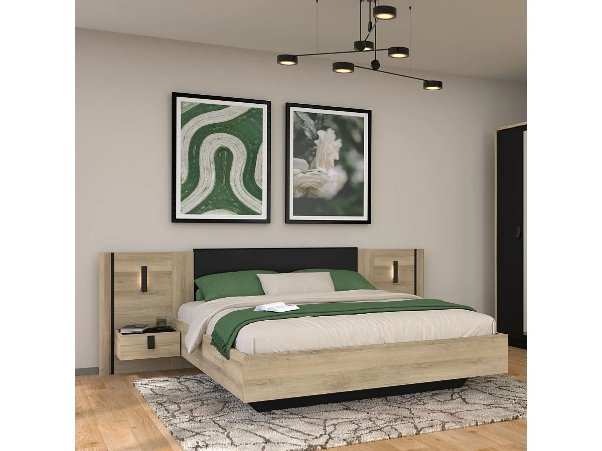 Lit 160x200 + 2 chevets suspendus sur panneaux avec éclairage aspect bois et noir - ELOUAN