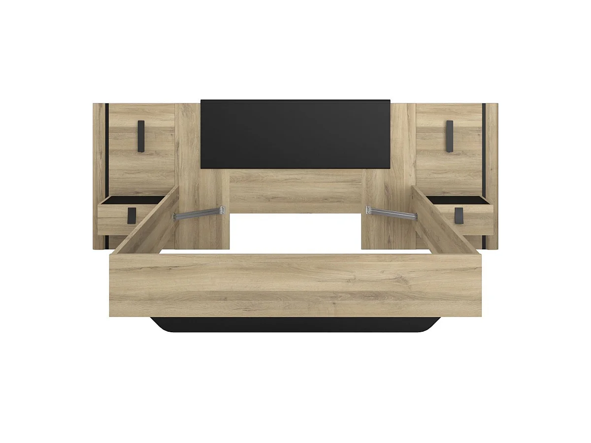 Lit 160x200 + 2 chevets suspendus sur panneaux avec éclairage aspect bois et noir - ELOUAN