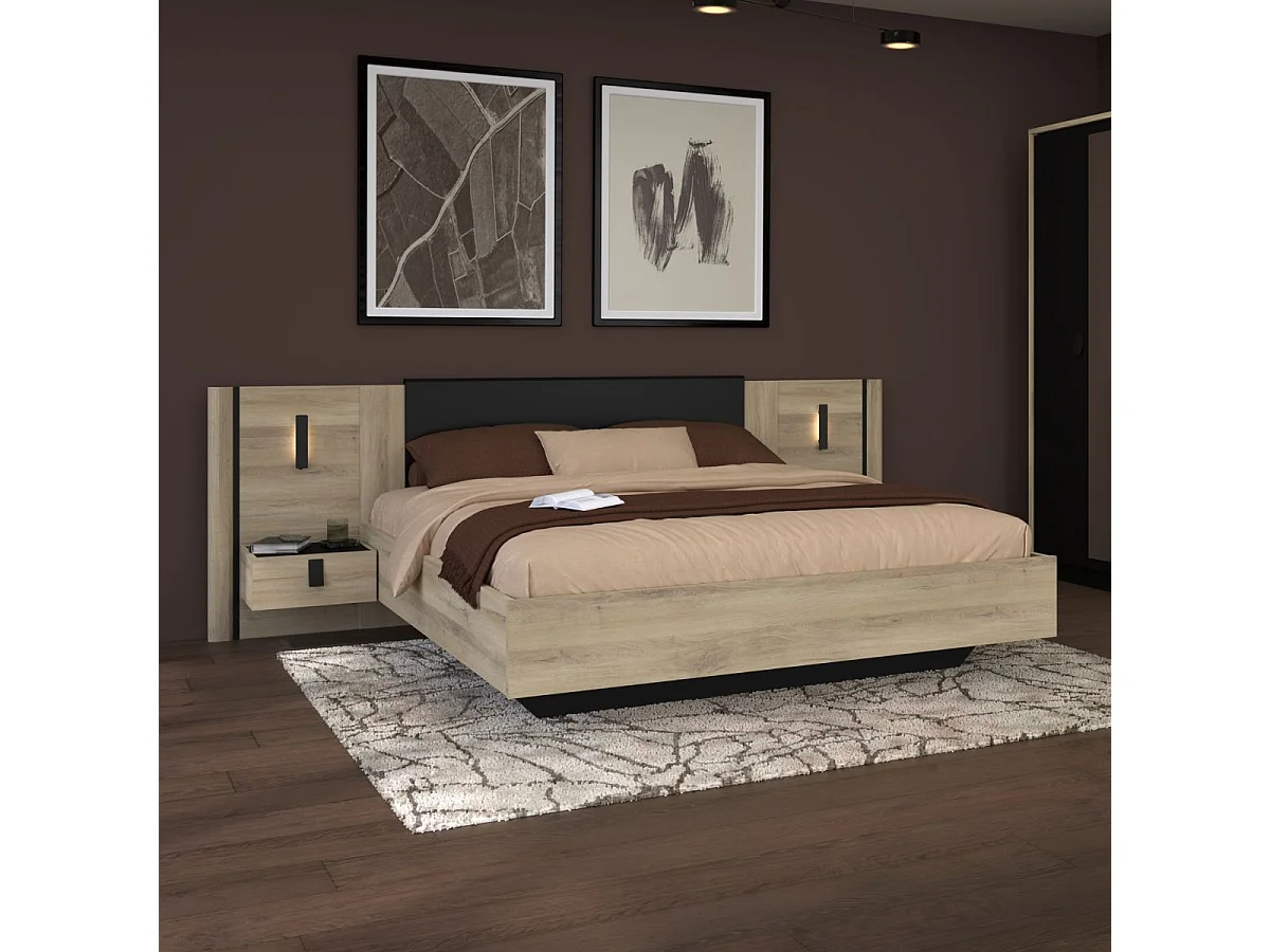Lit 160x200 + 2 chevets suspendus sur panneaux avec éclairage aspect bois et noir - ELOUAN