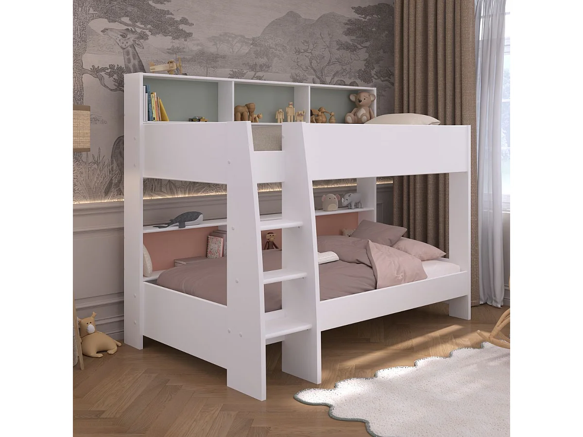 Lits 90x200 superposés blanc avec niches fond vert céladon ou terracotta - LEANE