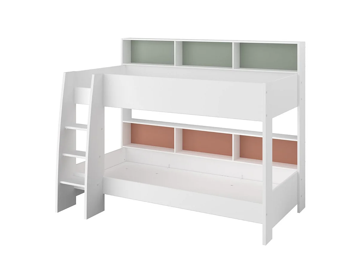 Lits 90x200 superposés blanc avec niches fond vert céladon ou terracotta - LEANE