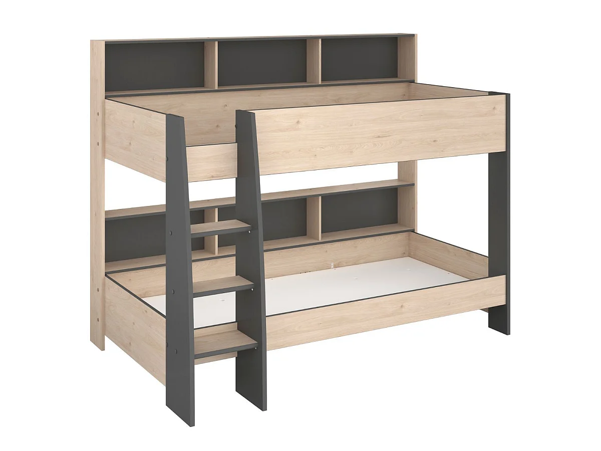 Lits 90x200 superposés aspect bois avec niches fond anthracite - LEANE