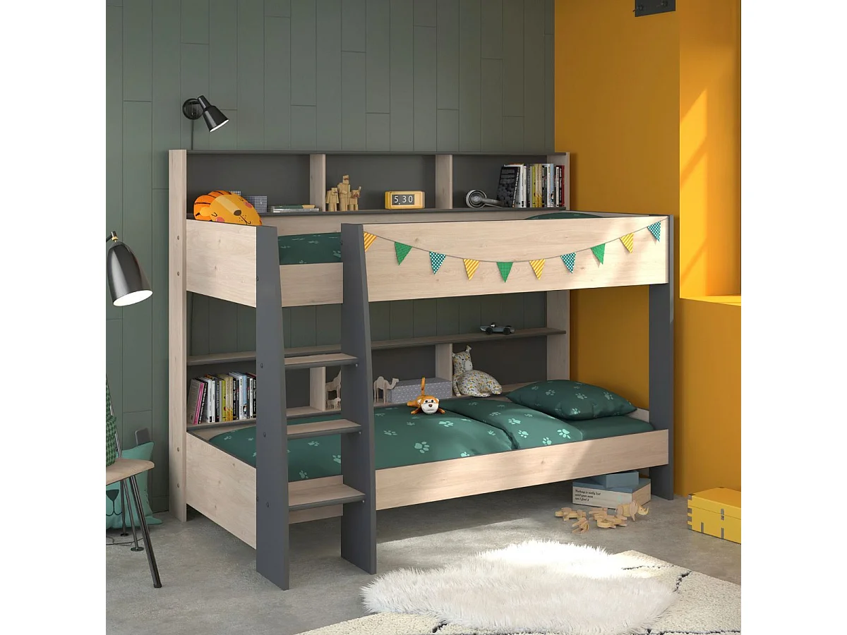 Lits 90x200 superposés aspect bois avec niches fond anthracite - LEANE